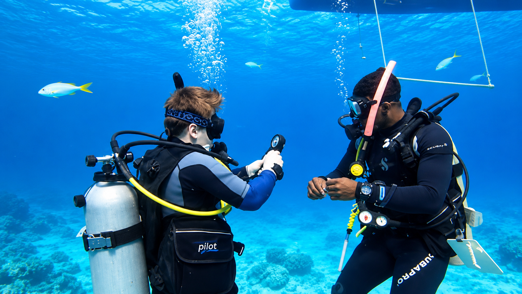 Junior Open Water student practicing underwater skills with the instructor in Hurghada