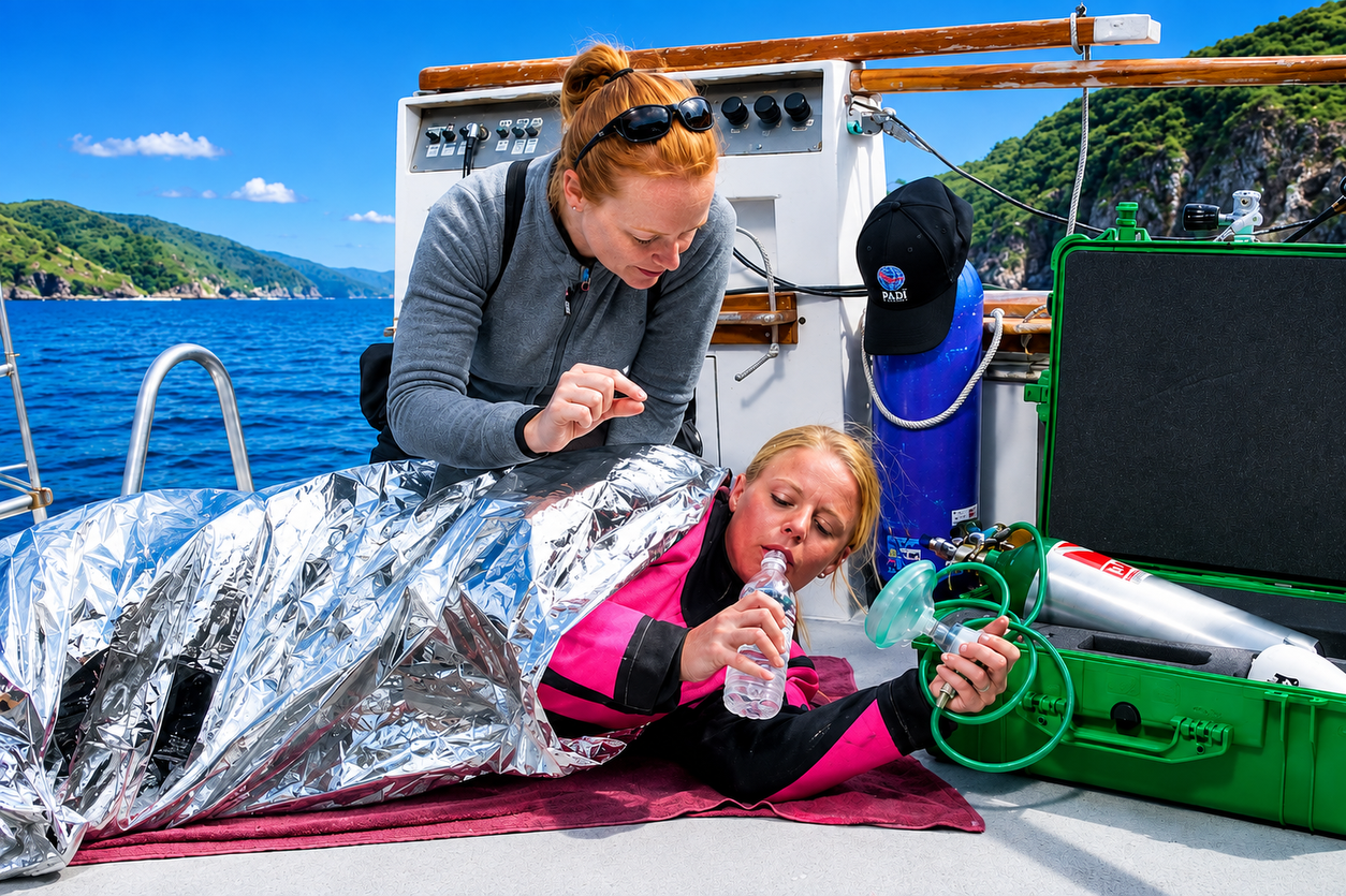 Two students working on a casualty at the water's edge