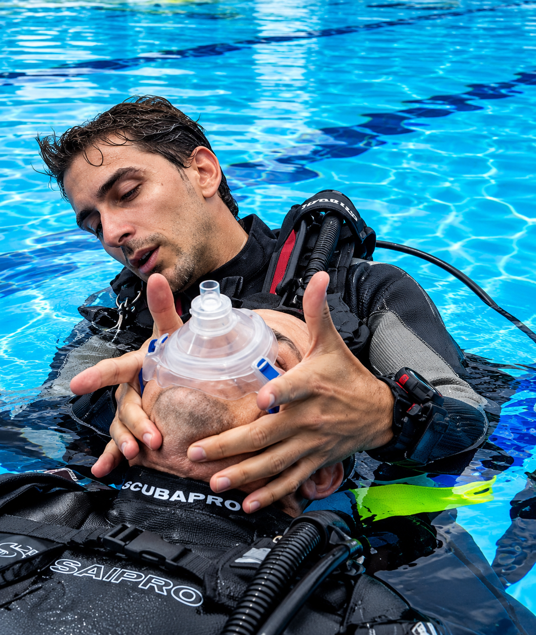 PADI Rescue Diver practicing rescue breaths on a casualty