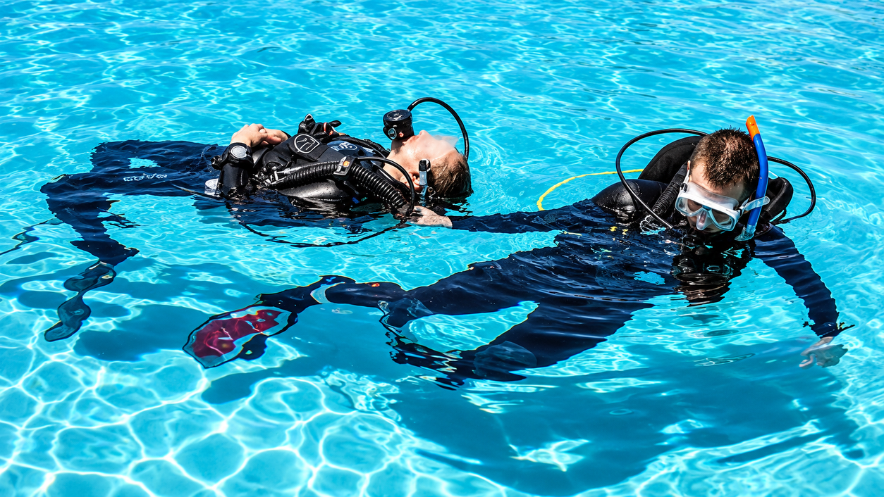 PADI Rescue Diver towing an unresponsive casualty to the boat