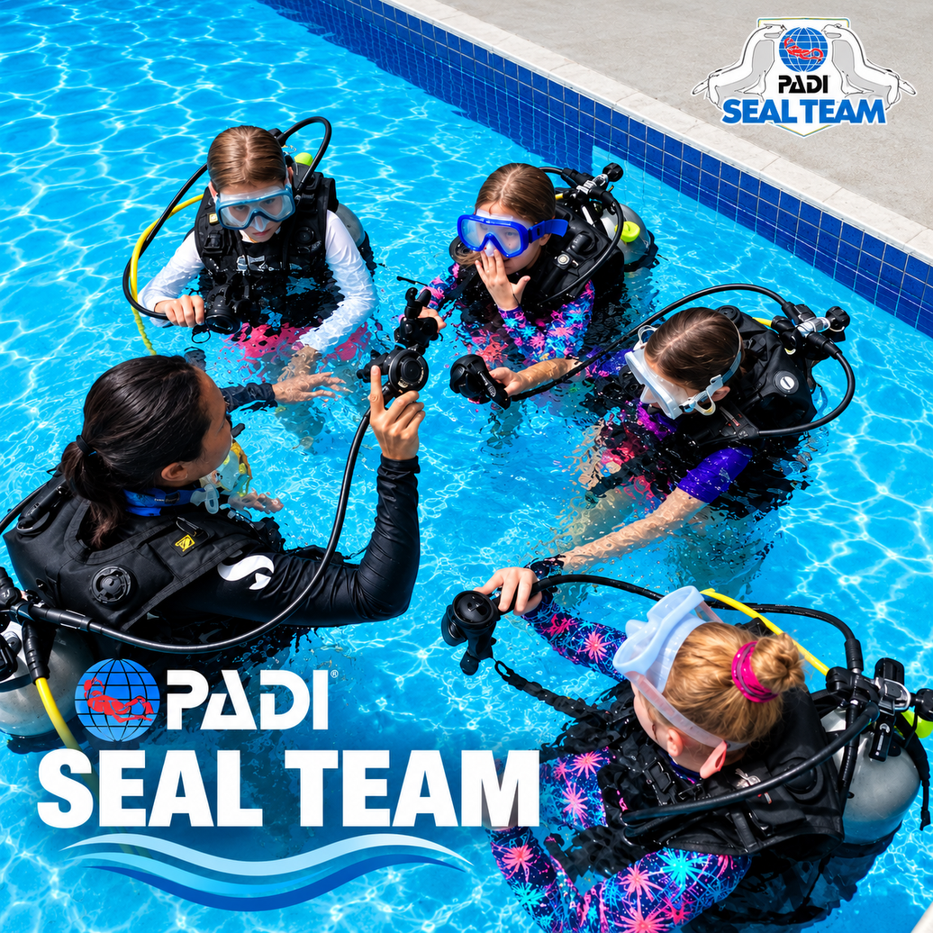 Children on the PADI Seal Team Hurghada program with their instructor