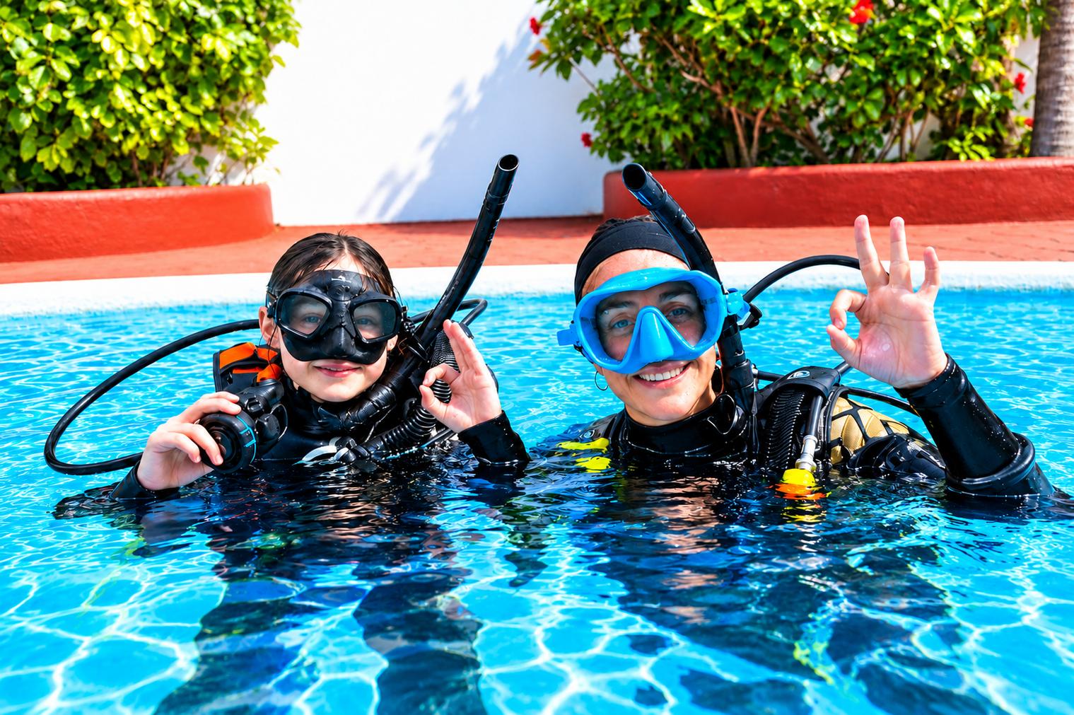 Instructor guiding two children through PADI Seal Team Hurghada pool training