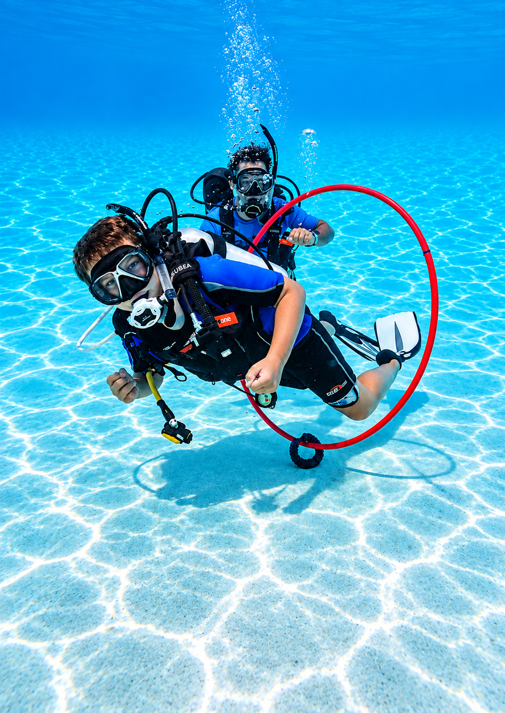 Young diver hovering underwater during a supervised pool mission