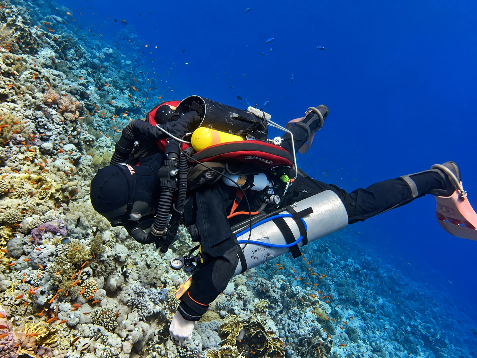 Closed circuit rebreather used for technical diving on a Red Sea reef