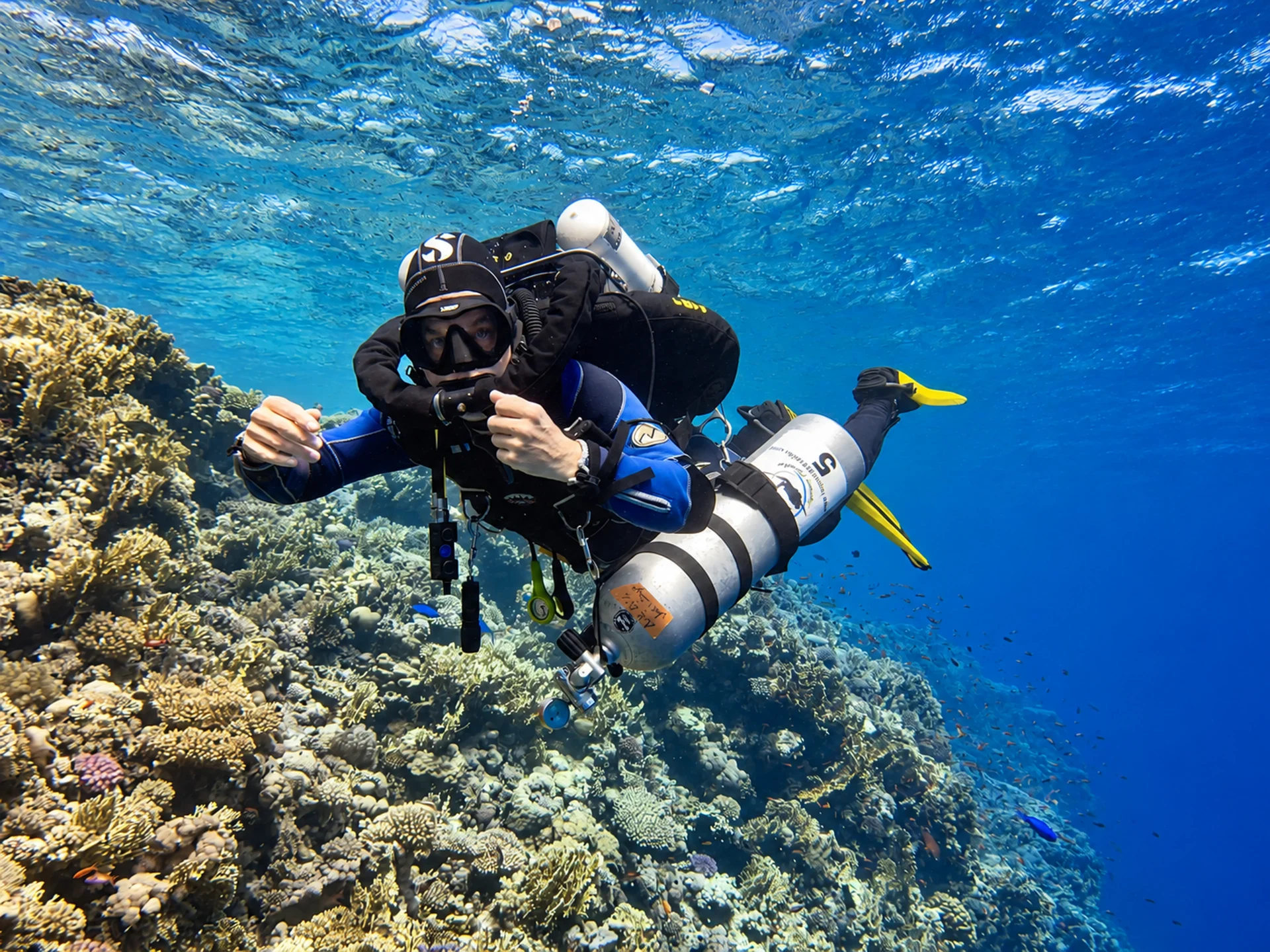Technical diving in Hurghada with a rebreather diver over a Red Sea coral reef