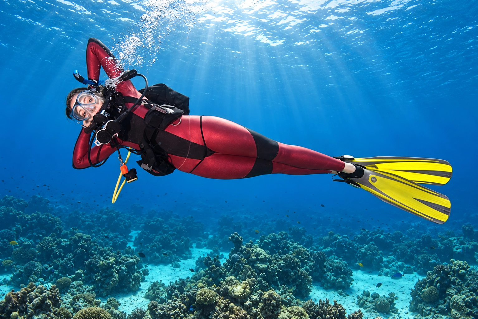Relaxed diver drifting weightless over the reef