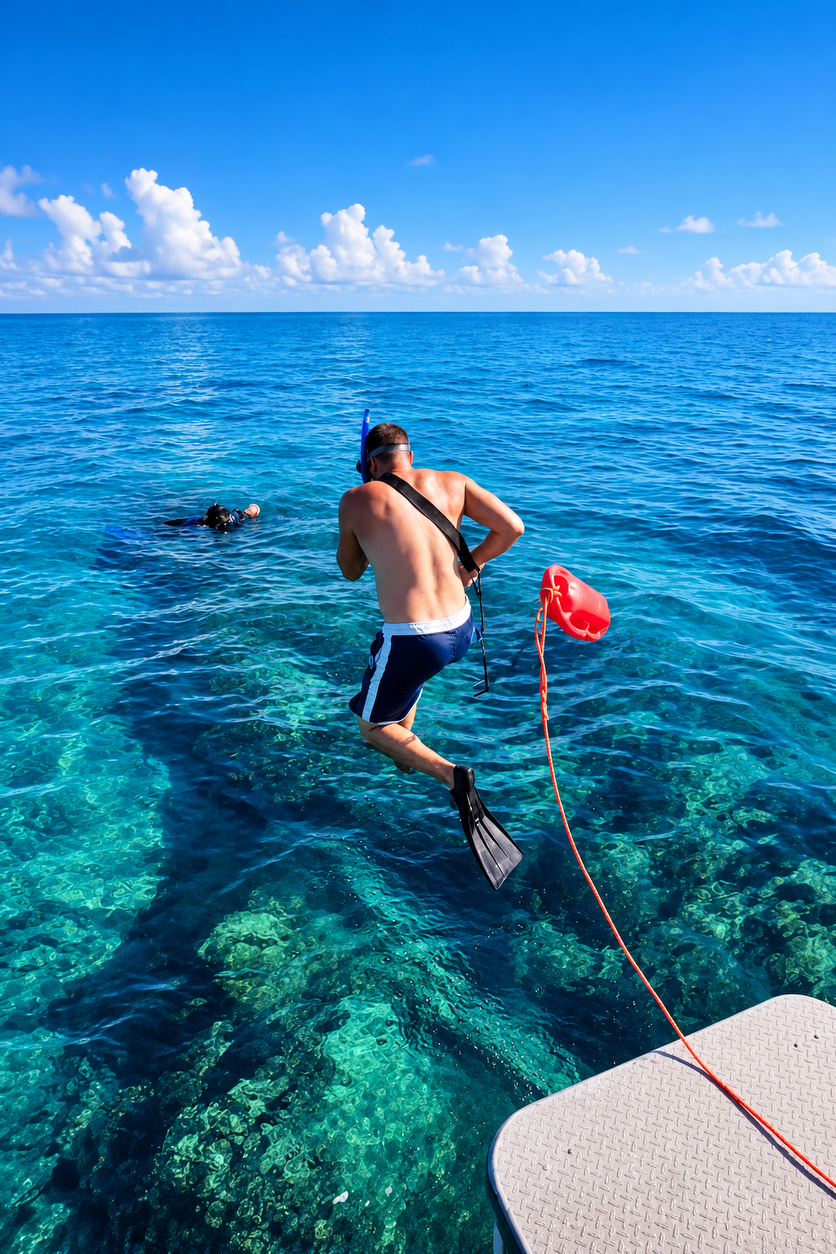 Entry with a rescue float during PADI Rescue Diver training