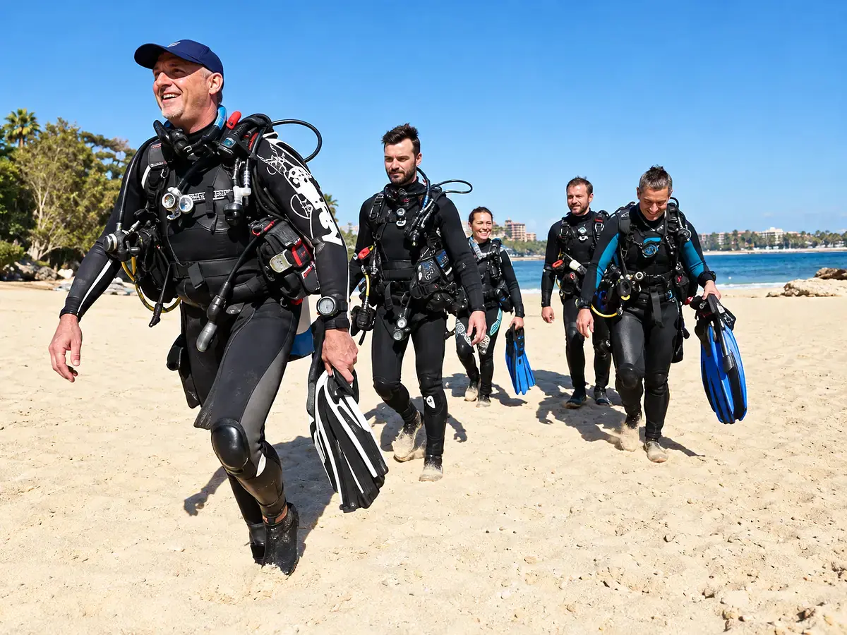 Divers gearing up on the beach before an open water session