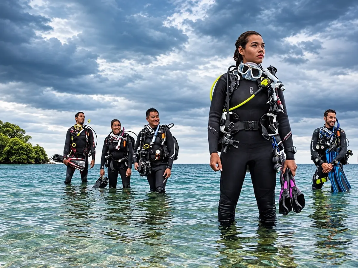 Dive team standing in the shallows in Hurghada