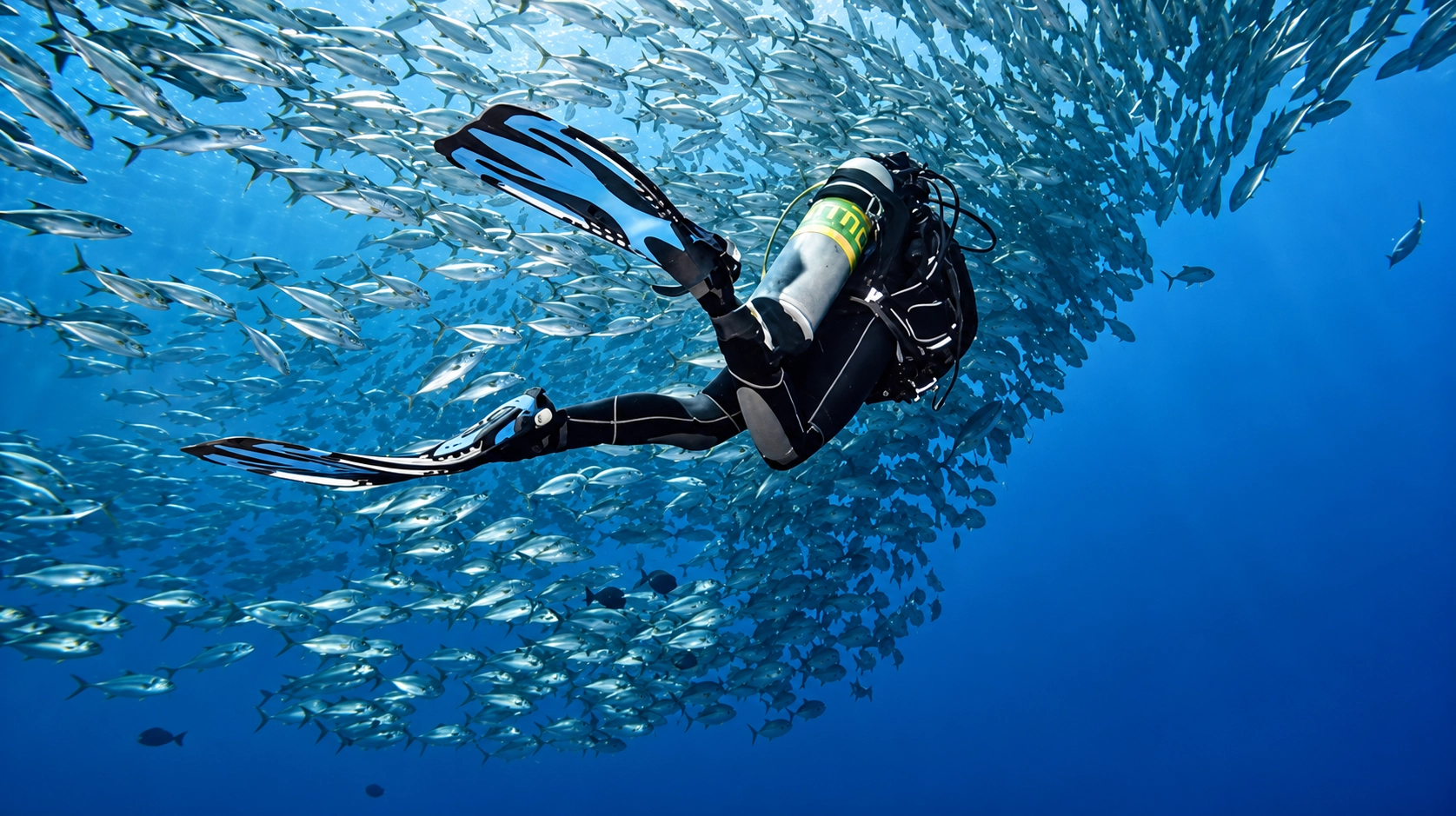 Diver among a school of fish on a Red Sea reef