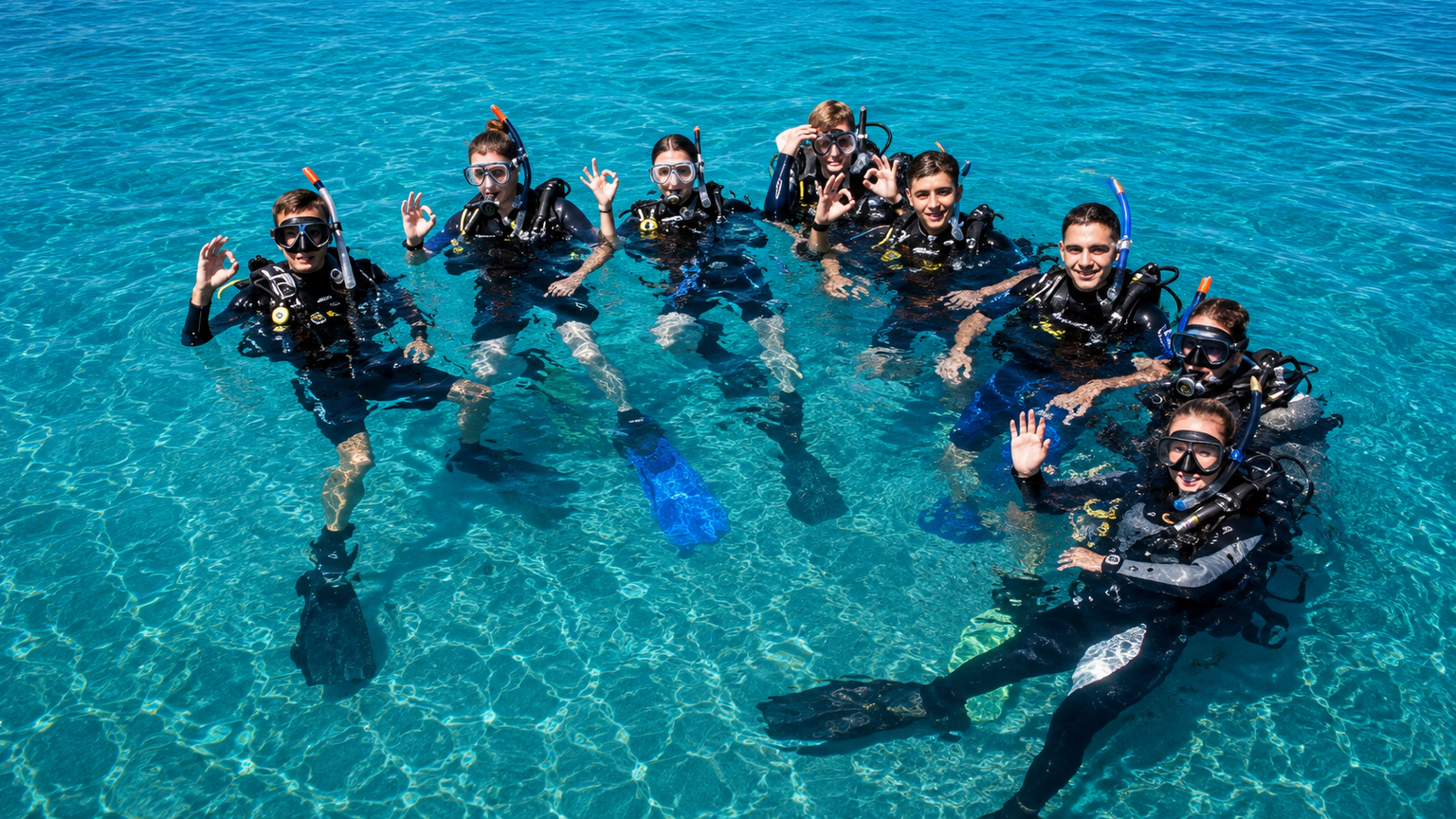 Group of scuba students descending together on a Red Sea reef