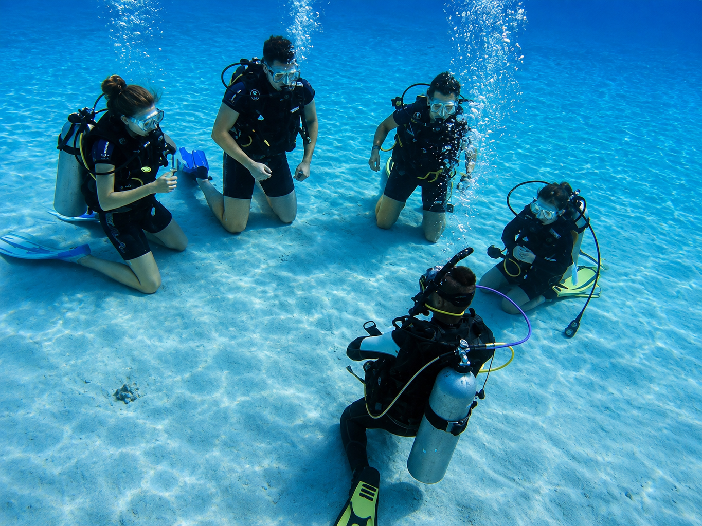 Small group of divers on the sand at a shallow training site