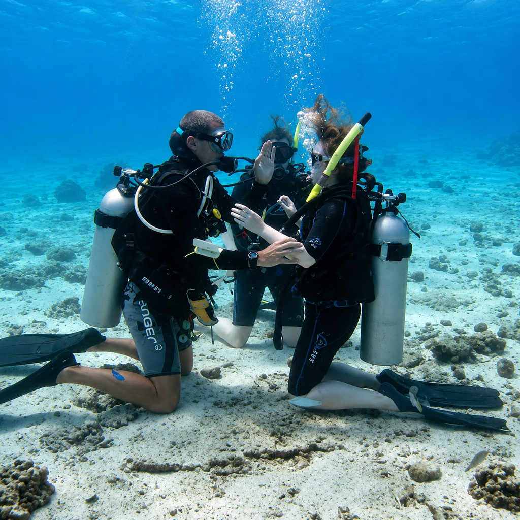 Students in open water repeating a skill with the instructor