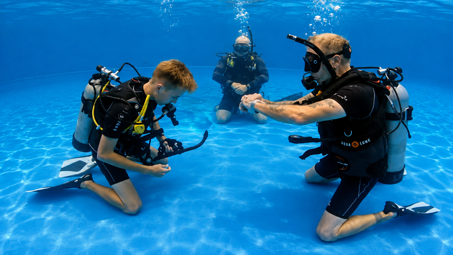 Instructor demonstrating a skill on an Open Water certification dive