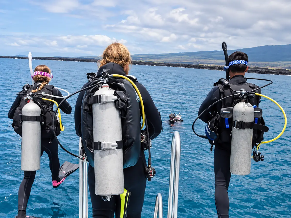 Divers entering the sea from the shore