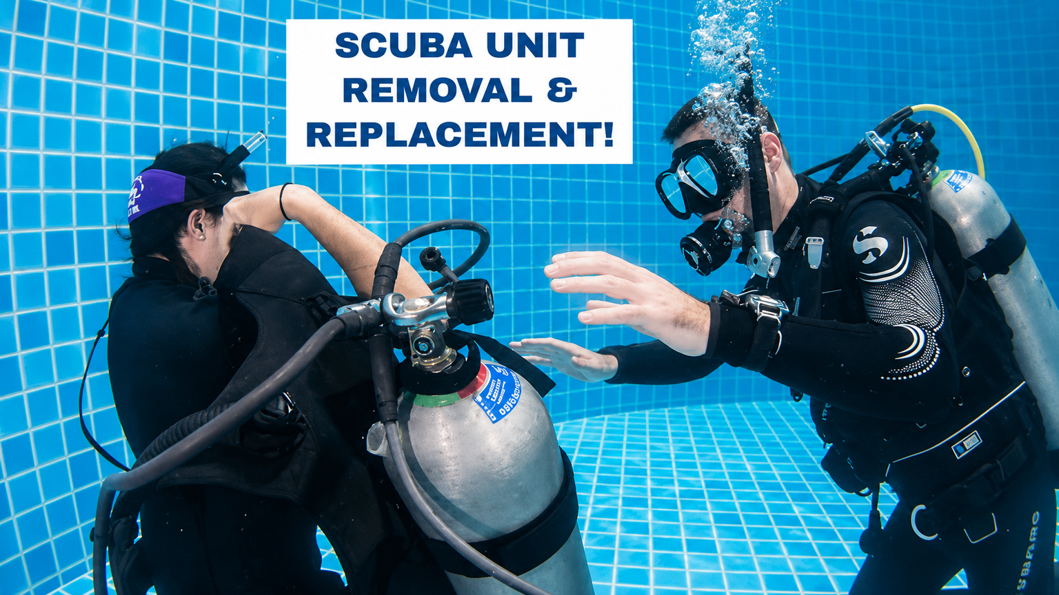 Scuba unit removal and replacement skill in shallow training conditions