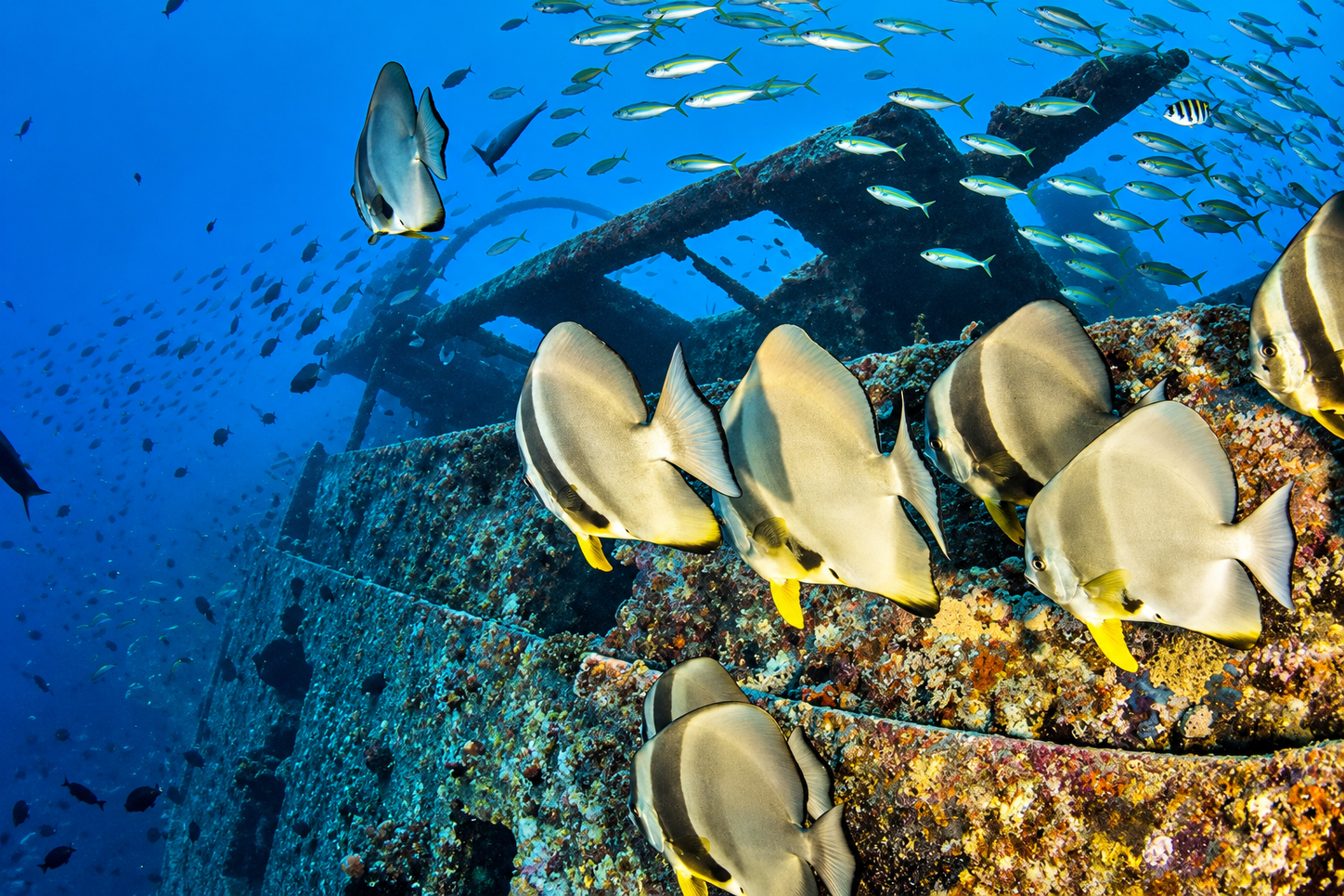 School of batfish beside a Red Sea shipwreck