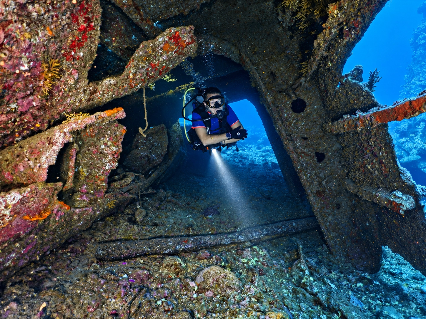 Torchlight inside a flooded compartment