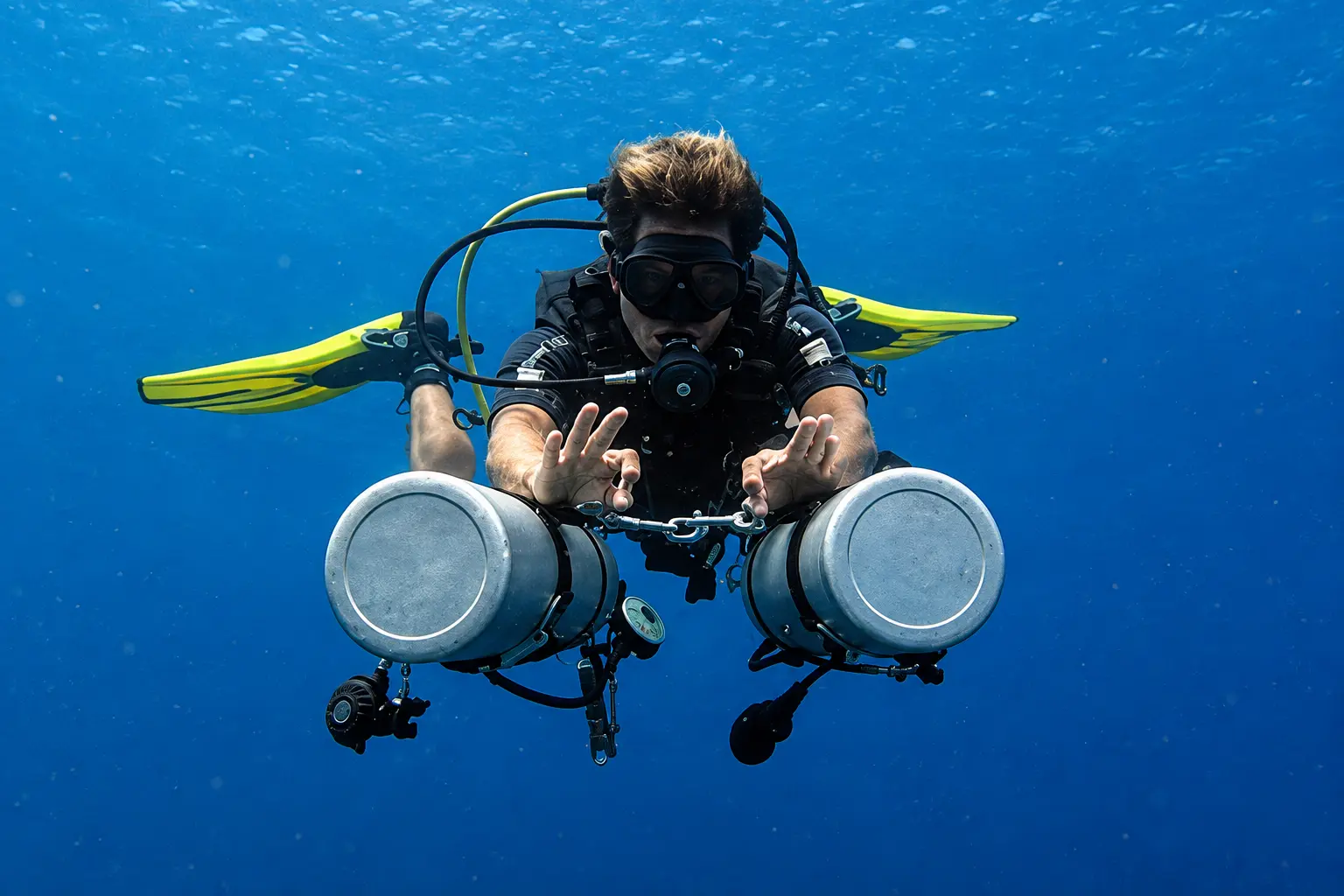PADI Sidemount Diver Course student holding flat trim with two cylinders