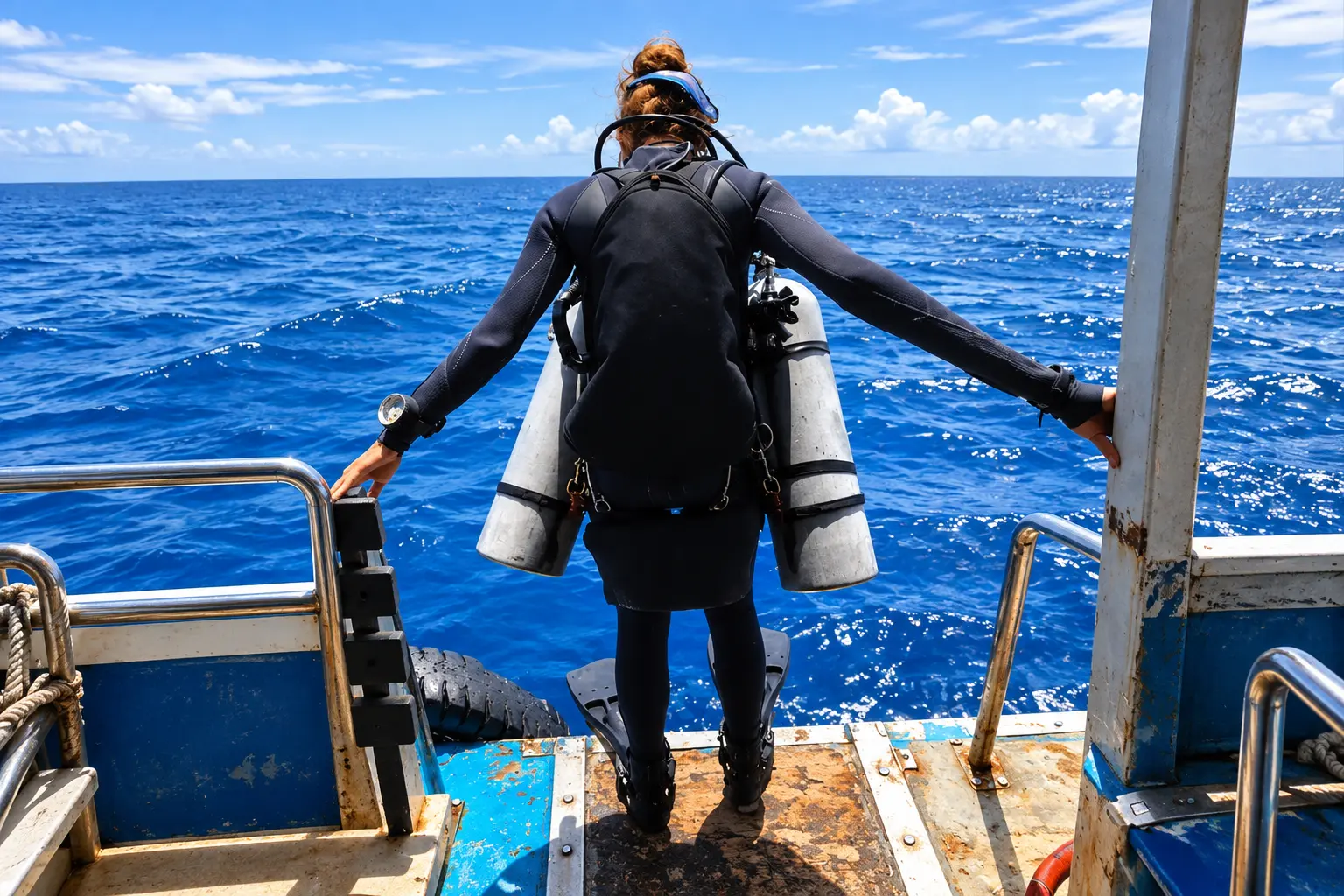 Sidemount diver entering the water from the boat in Hurghada
