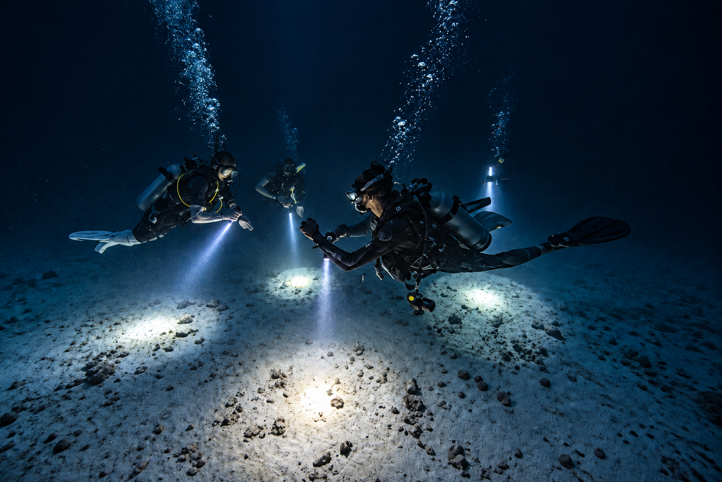 PADI Night Diver Course team working with torch beams