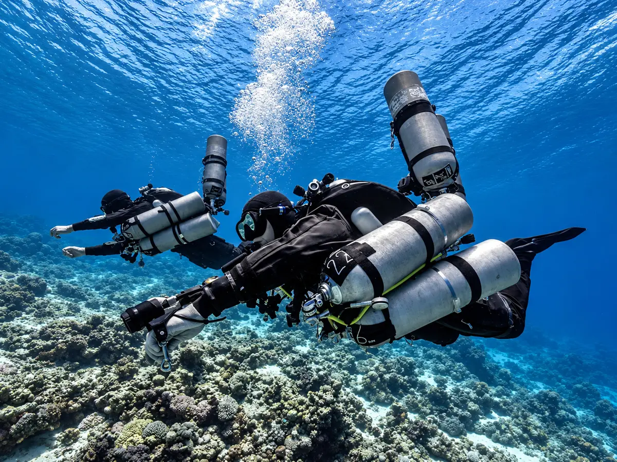 Technical divers over a Red Sea reef near Hurghada