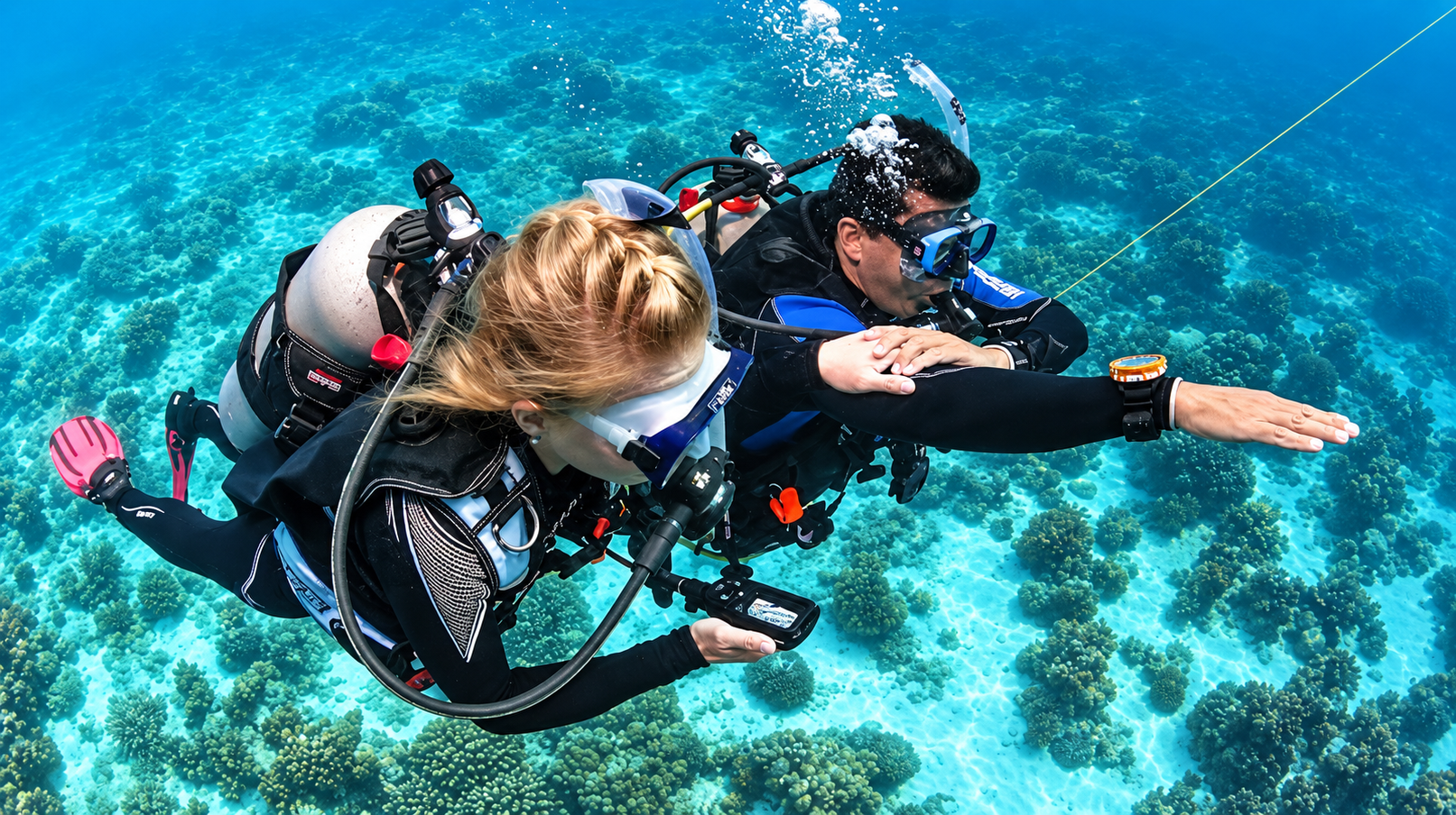 Two divers working with a compass on the seabed