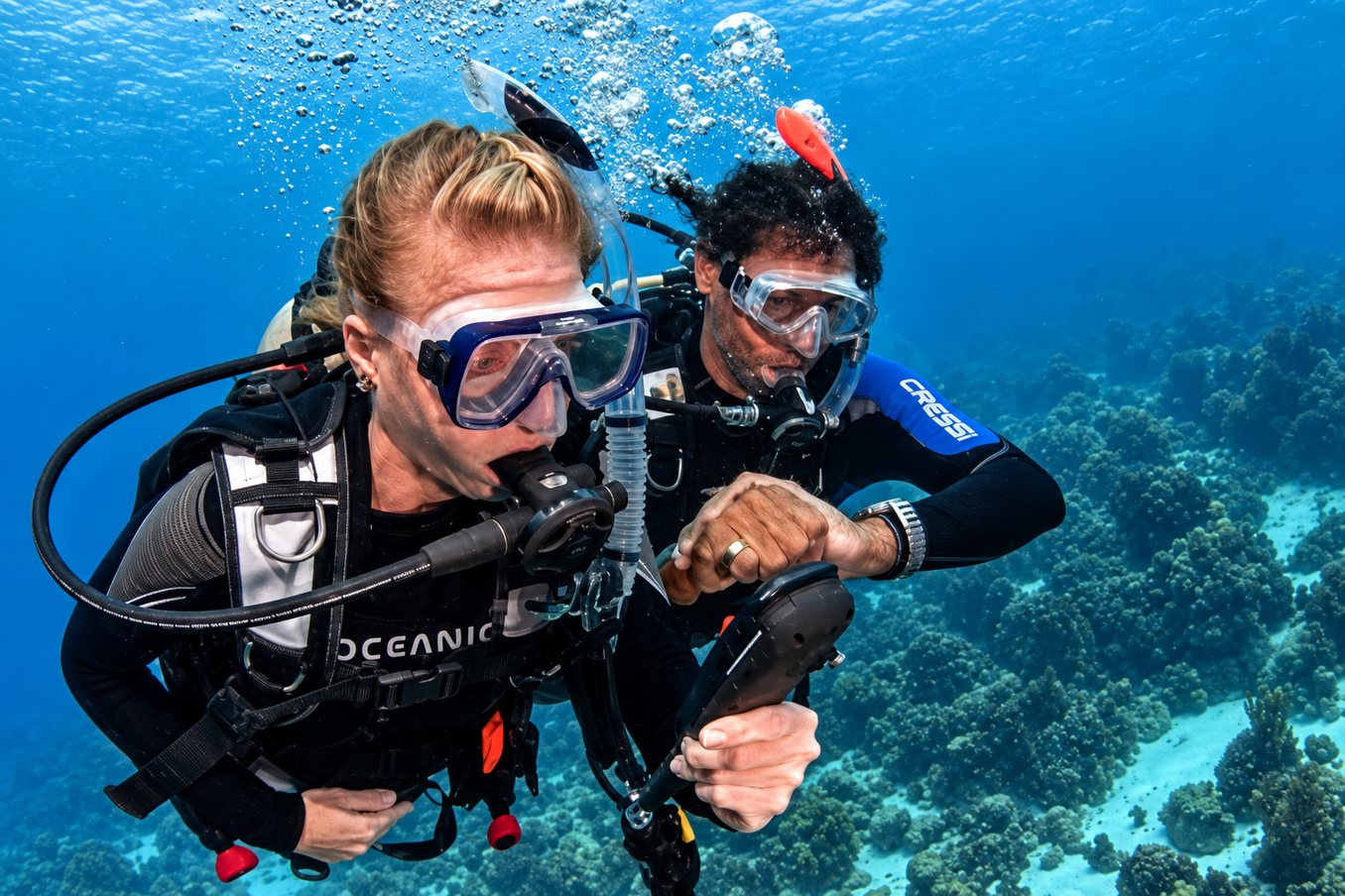 Two divers practicing a heading together on a Red Sea reef