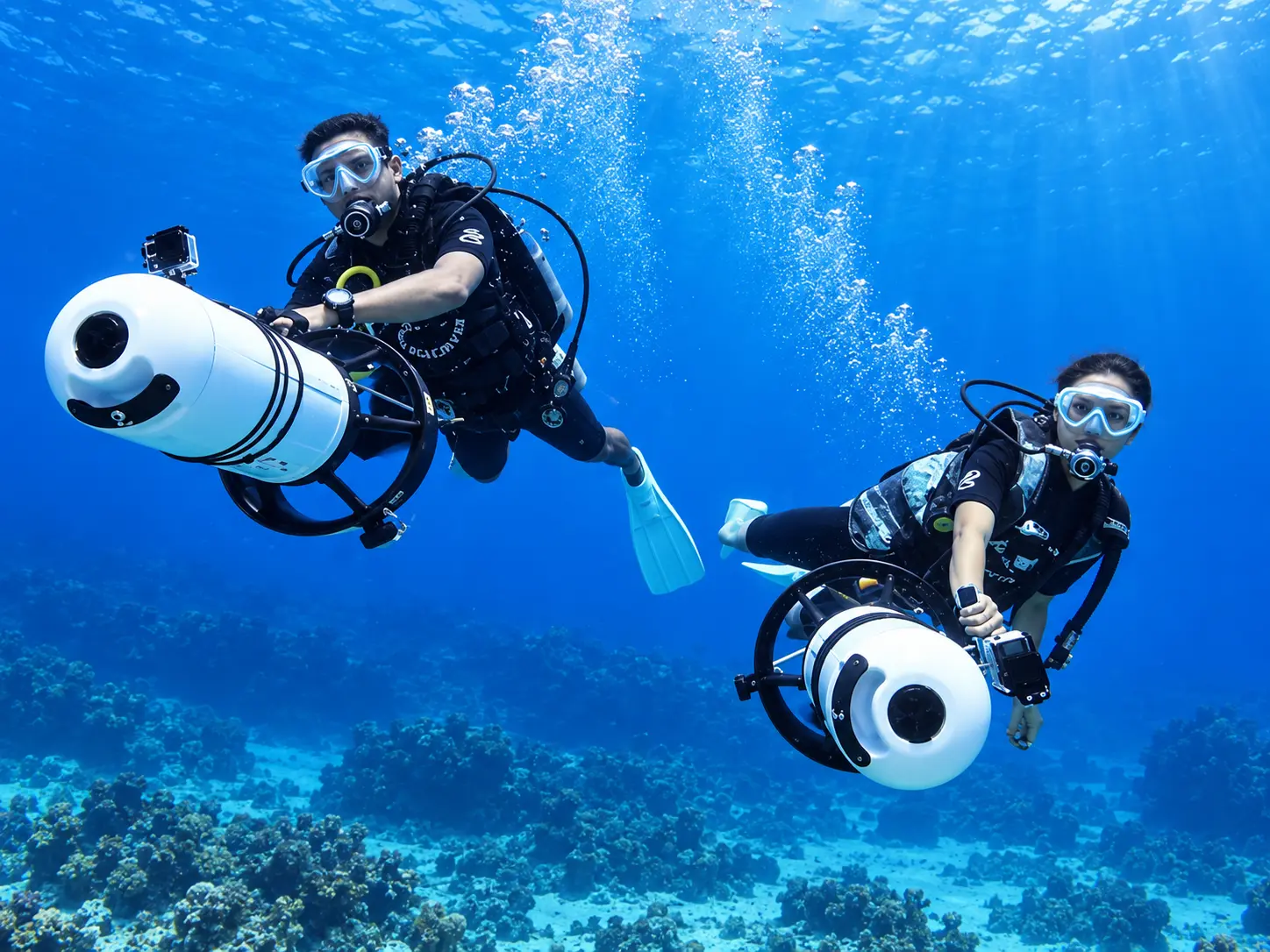Three students traveling together underwater in the Red Sea