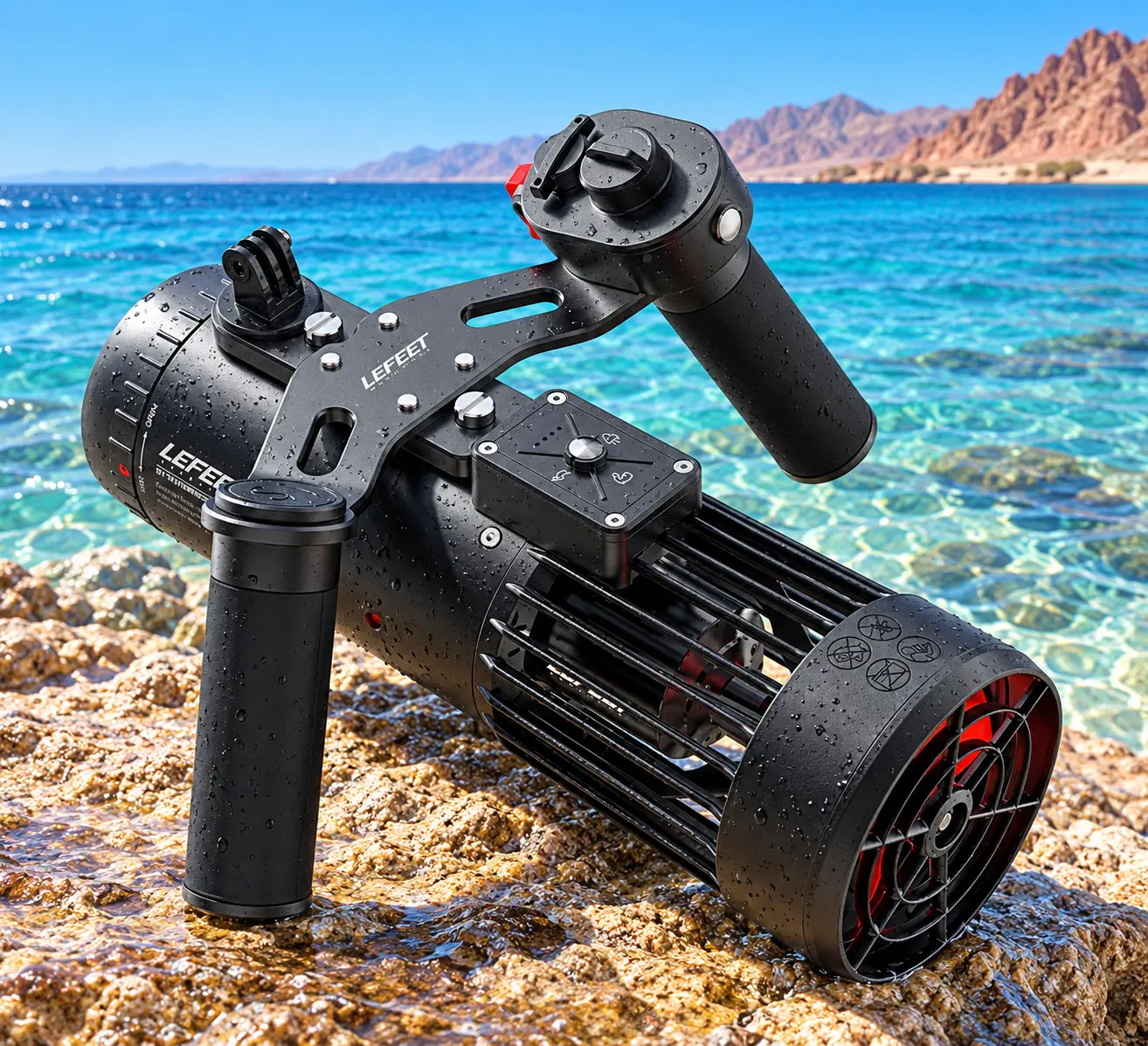 Propulsion unit resting on the sand in shallow water