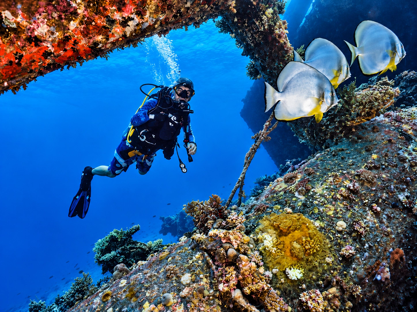 Diver approaching a wreck with batfish in the Red Sea