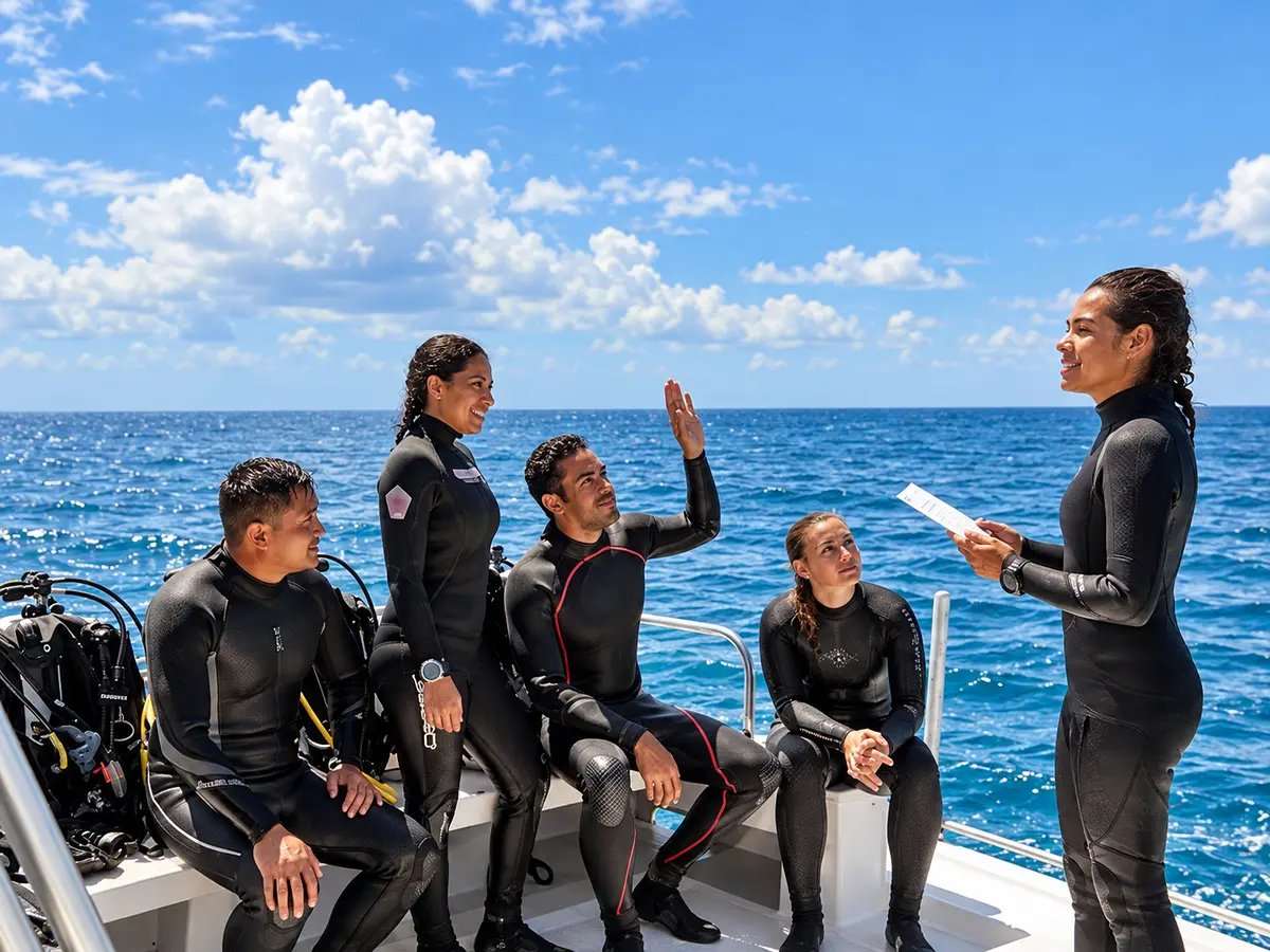 Briefing before a PADI diving course dive on the boat