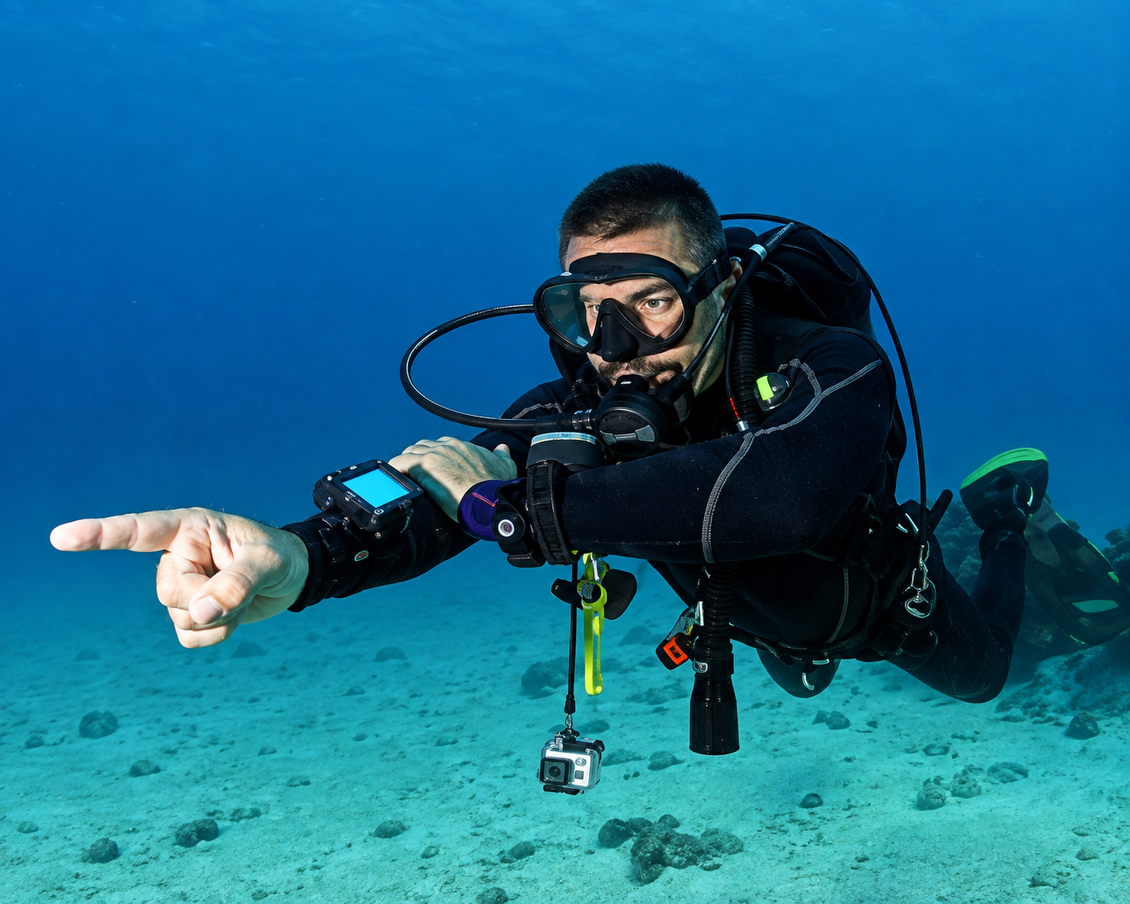 Diver following a planned heading over open sand