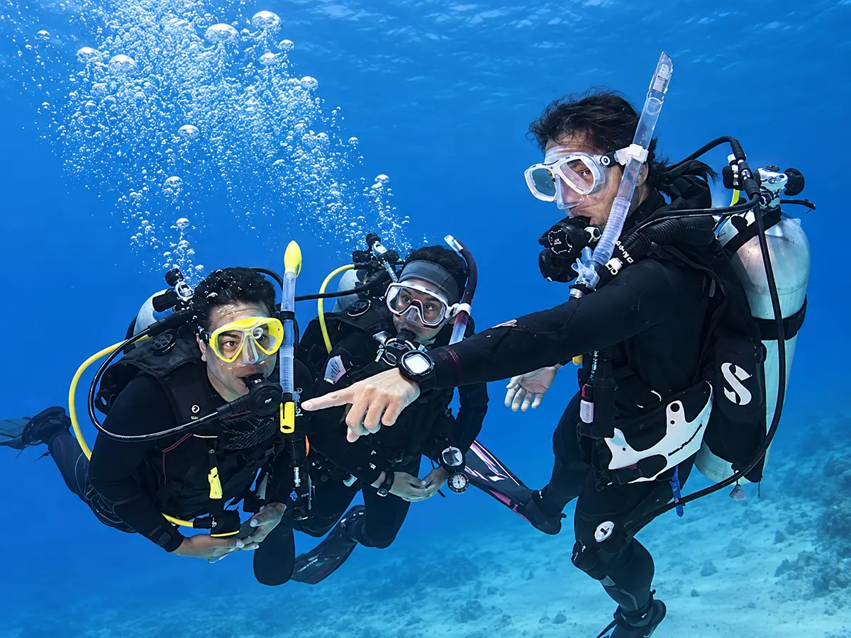 Skill demonstration underwater during PADI Divemaster Course training