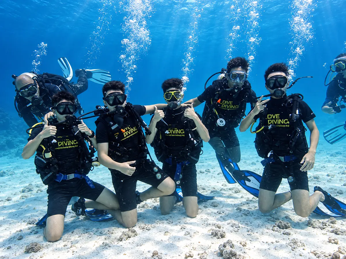 Group underwater over the reef